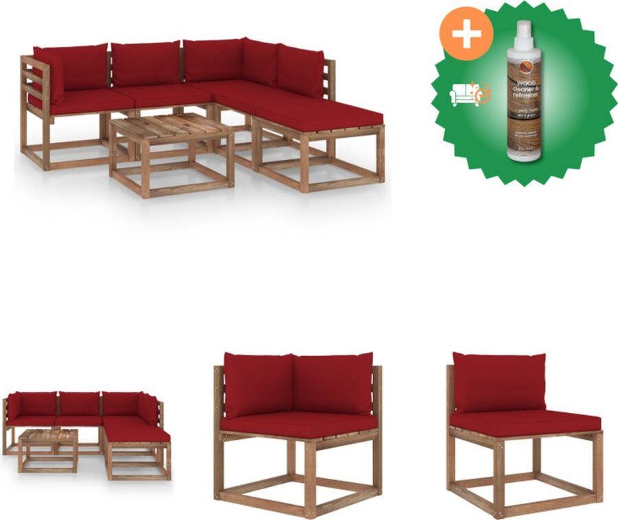 VidaXL Pallet Loungeset Hoekbank 64x64x70cm Middenbank 60x64x70cm Tafel Voetenbank 60x60x36.5cm Wijnrood kussen Tuinset Inclusief Houtreiniger en verfrisser