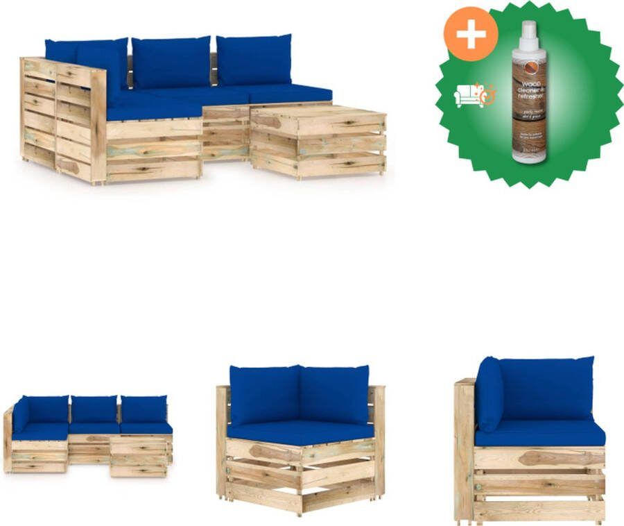 VidaXL Pallet Loungeset Hoekbank 69x70x66 cm Middenbank 60x70x66 cm Tafel Voetenbank 60x62x37 cm Blauwe kussens Tuinset Inclusief Houtreiniger en verfrisser