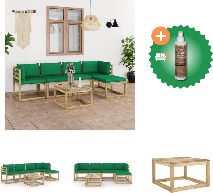 VidaXL Pallet Loungeset Hoekbank en Middenbank Tafel Voetenbank Groen Kussen Grenenhout 64x64x70 cm 60x60x36.5 cm Tuinset Inclusief Houtreiniger en verfrisser