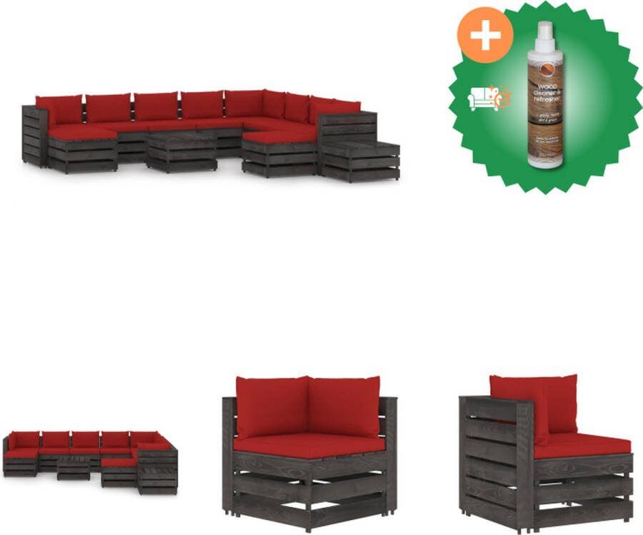 VidaXL Pallet Loungeset Hoekbank en Middenbank Tafel Voetenbank Rood Kussen Grenenhout 13cm Dik Kussen Tuinset Inclusief Houtreiniger en verfrisser