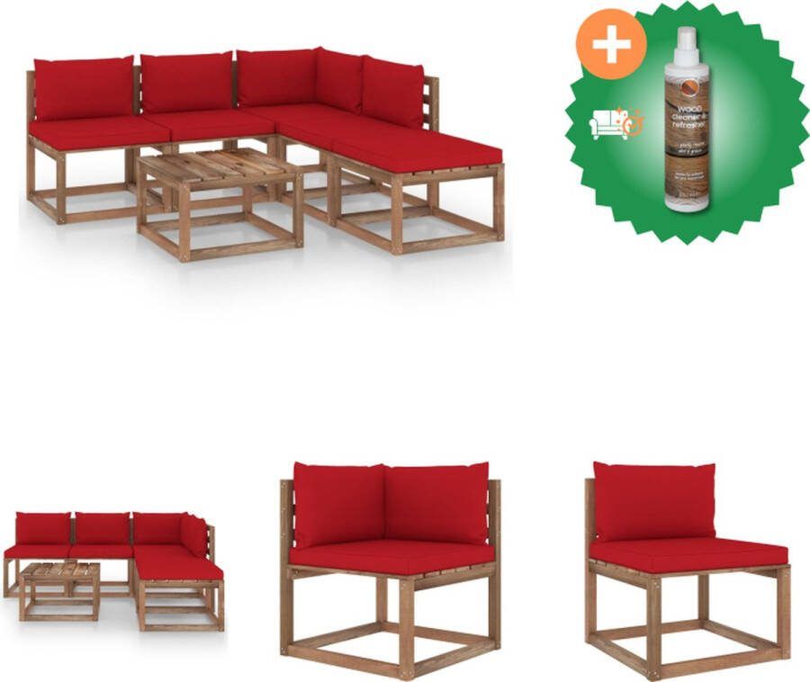 VidaXL Pallet Loungeset Hoekbank en middenbanken Tafel Voetenbank Rode kussens Grenenhout 64x64x70cm hoekbank 60x64x70cm middenbank 60x60x36.5cm tafel voetenbank Montage vereist Tuinset Inclusief Houtreiniger en verfrisser