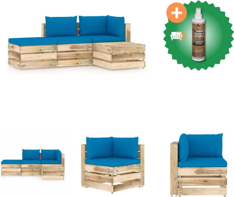 VidaXL Pallet Loungeset Hoekbank + Middenbank + 2x Tafel Voetenbank Lichtblauw Kussen Grenenhout Tuinset Inclusief Houtreiniger en verfrisser