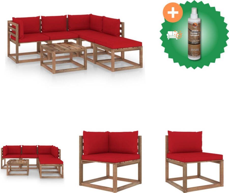 VidaXL Pallet Loungeset Hoekbank Middenbank Tafel Voetenbank 64x64x70cm 60x64x70cm 60x60x36.5cm Grenenhout Bruin geïmpregneerd Rode kussens Tuinset Inclusief Houtreiniger en verfrisser