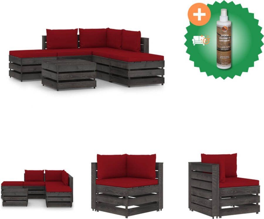 VidaXL Pallet Loungeset Hoekbank Middenbank Tafel Voetenbank 69 x 70 x 66 cm Grenenhout Wijnrood kussen Tuinset Inclusief Houtreiniger en verfrisser