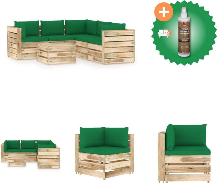 VidaXL Pallet Loungeset Hoekbank Middenbank Tafel Voetenbank 69x70x66 cm Groen Kussen Grenenhout Tuinset Inclusief Houtreiniger en verfrisser