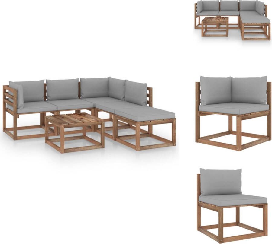 VidaXL Pallet Loungeset Hoekbank Middenbank Tafel Voetenbank Bruin geïmpregneerd grenenhout Grijs kussen 64x64x70cm hoekbank 60x64x70cm middenbank 60x60x36.5cm tafel Montage vereist Inclusief 5 zitkussens 6 rug zijkussens