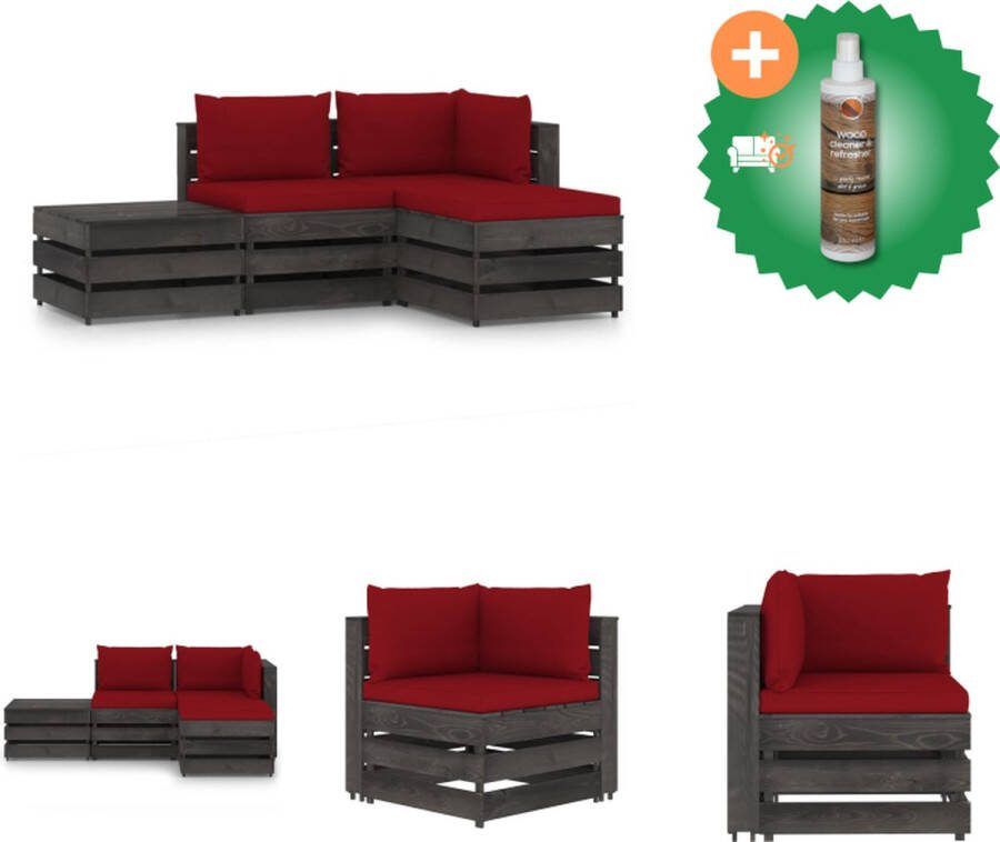 VidaXL Pallet Loungeset Hoekbank + Middenbank + Tafel Voetenbank Grenenhout Wijnrood Tuinset Inclusief Houtreiniger en verfrisser