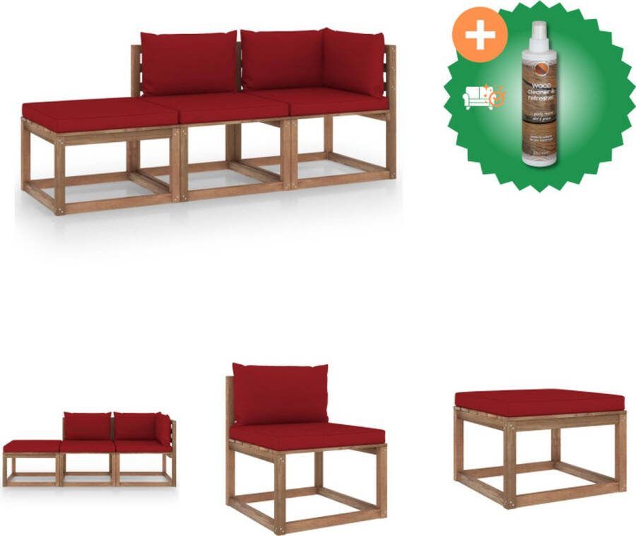 VidaXL Pallet Loungeset Hoekbank Middenbank Voetenbank 64x64x70cm Wijnrood kussen Grenenhout Montage vereist Tuinset Inclusief Houtreiniger en verfrisser