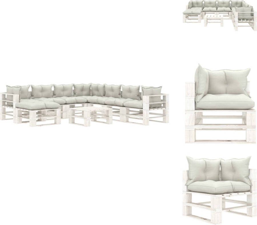 VidaXL Pallet Loungeset Hoogwaardig grenenhout Beige en wit Hoekbank- 70 x 67.5 x 60.8 cm Middenbank- 60 x 67.5 x 60.8 cm Tafel hocker- 60 x 61.5 x 30.4 cm Inclusief 8 zitkussens 10 rugkussens Tuinset