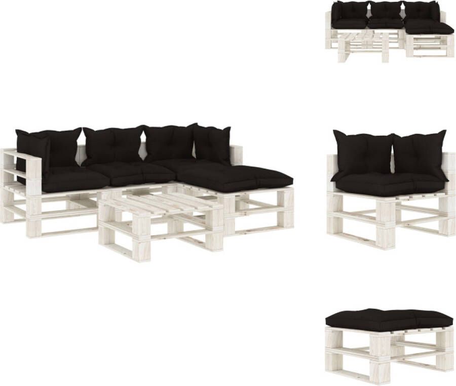 VidaXL Pallet Loungeset Hoogwaardig grenenhout Zwart en wit Set van 2 hoekbanken 1 middenbank 2 tafels hockers 4 zitkussens 5 rugkussens Tuinset