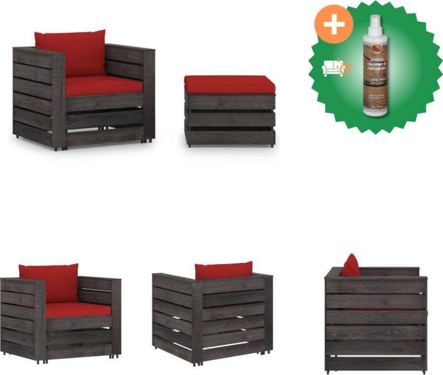 VidaXL Pallet Loungeset Houten Grijs geïmpregneerd 1 tafel voetenbank 1 eenzitsbank 2 zitkussens 1 rugkussen Tuinset Inclusief Houtreiniger en verfrisser