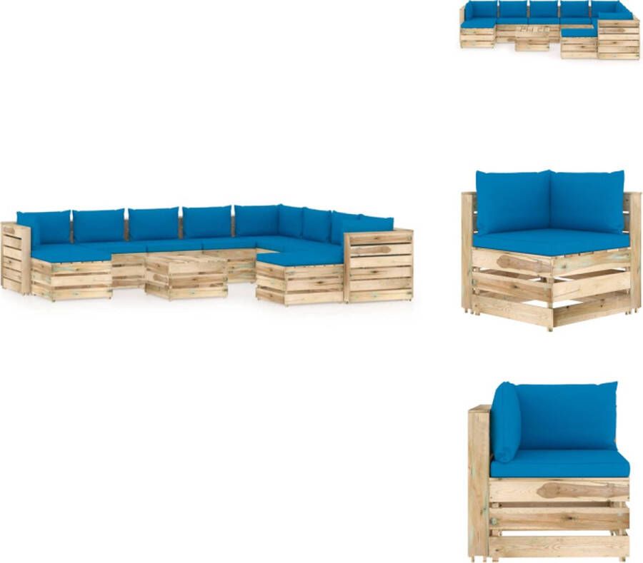 VidaXL Pallet Loungeset meubelset 5 x middenbank 3 x hoekbank 3 x tafel voetenbank lichtblauw kussen grenenhout groen geïmpregneerd 69 x 70 x 66 cm (B x D x H) Tuinset