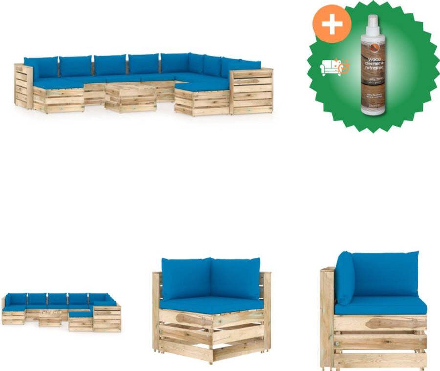 VidaXL Pallet Loungeset meubelset 5 x middenbank 3 x hoekbank 3 x tafel voetenbank lichtblauw kussen grenenhout groen geïmpregneerd 69 x 70 x 66 cm (B x D x H) Tuinset Inclusief Houtreiniger en verfrisser