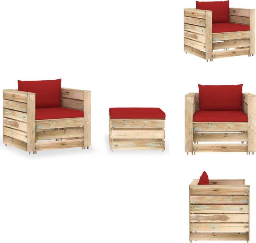 VidaXL Pallet Loungeset Tuinmeubelset van geïmpregneerd grenenhout Rode kussens Modulair design 60x62x37cm tafel voetenbank 77x70x66cm eenzitsbank Tuinset