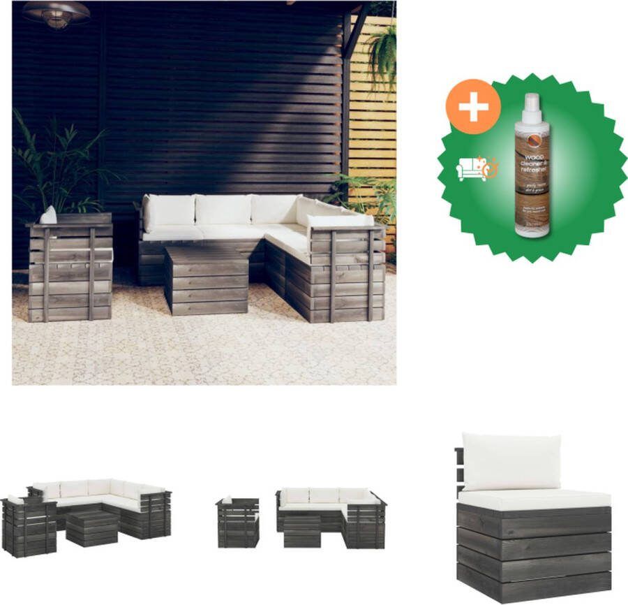 VidaXL Pallet tuinset Armstoel 70x65x71.5cm Middenbank 60x65x71.5cm Hoekbank 65x65x71.5cm Tafel 60x60x41.5cm Zitkussen 60x60x6cm Rug zijkussen 60x38x13cm (Crèmewit) Tuinset Inclusief Houtreiniger en verfrisser