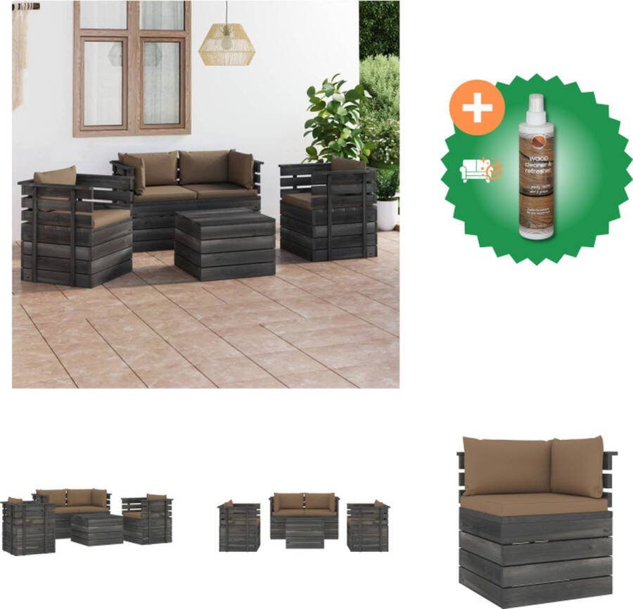 VidaXL Pallet Tuinset Armstoel + Hoekbank + Tafel Palletkussens Massief grenenhout Taupe kussen 150x65x71.5 cm Tuinset Inclusief Houtreiniger en verfrisser