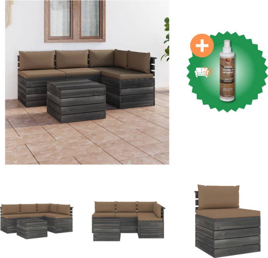 VidaXL Pallet Tuinset Grenenhout 3 middenbank 1 hoekbank 1 tafel 4 zitkussen 5 rug zijkussen Tuinset Inclusief Houtreiniger en verfrisser