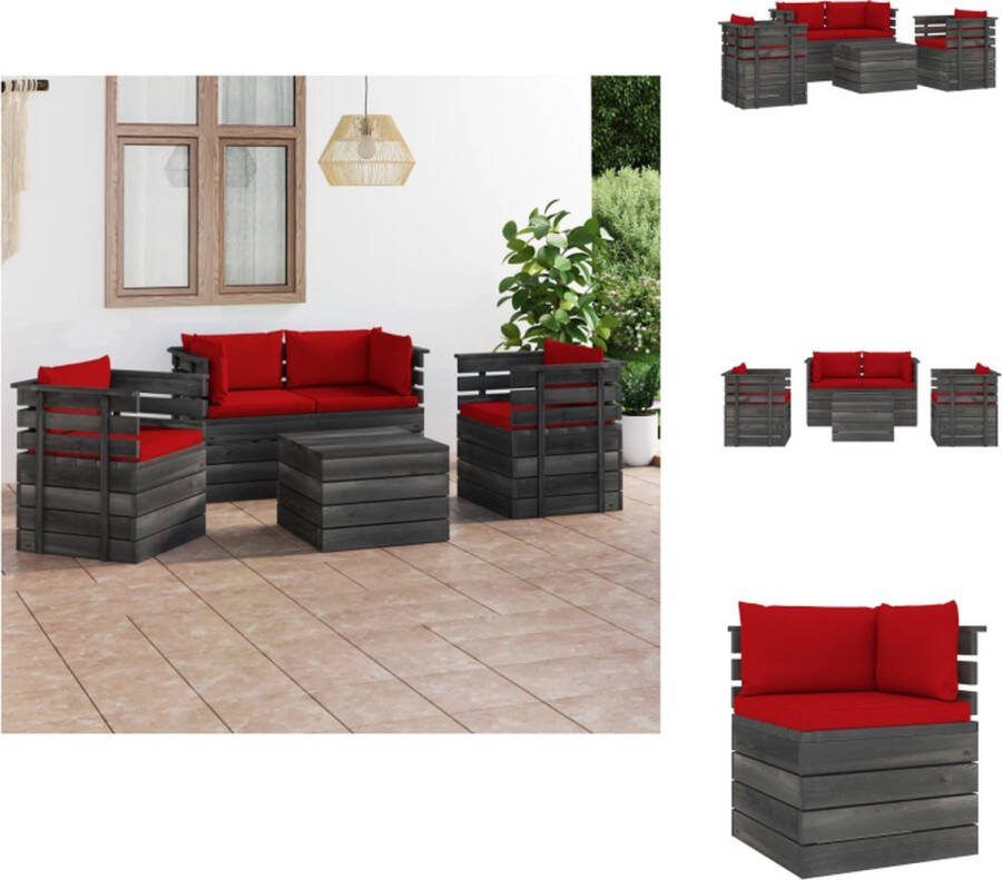 VidaXL Pallet Tuinset Massief grenenhout Rood kussen 2 Armstoelen 2 Hoekbanken Tafel Set van 10 kussens Tuinset