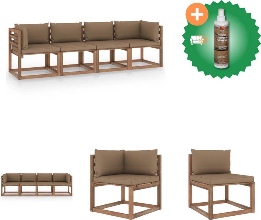 VidaXL Palletbank 64 x 64 x 70 cm Geïmpregneerd grenenhout Taupe kussen Tuinset Inclusief Houtreiniger en verfrisser