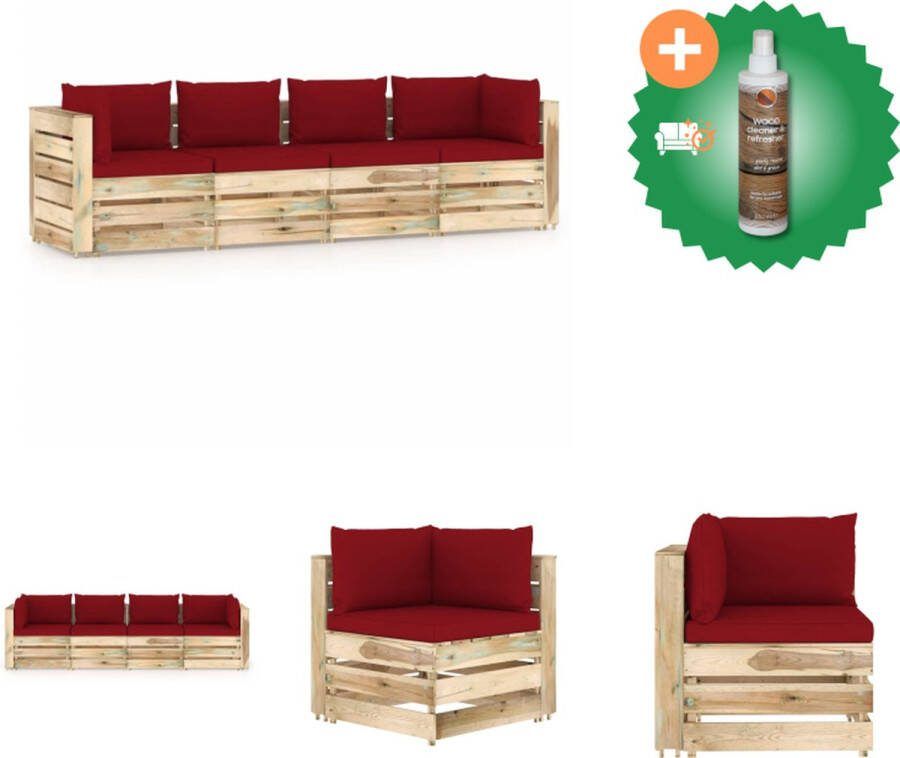 VidaXL Palletbank 69 x 70 x 66 cm grenenhout groen geïmpregneerd wijnrood kussen Tuinset Inclusief Houtreiniger en verfrisser