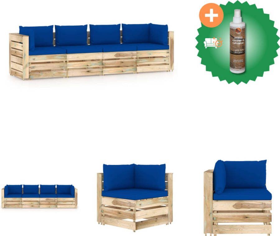 VidaXL Palletbank Grenenhout 4-zits 69 x 70 x 66 cm Blauwe kussens Tuinset Inclusief Houtreiniger en verfrisser