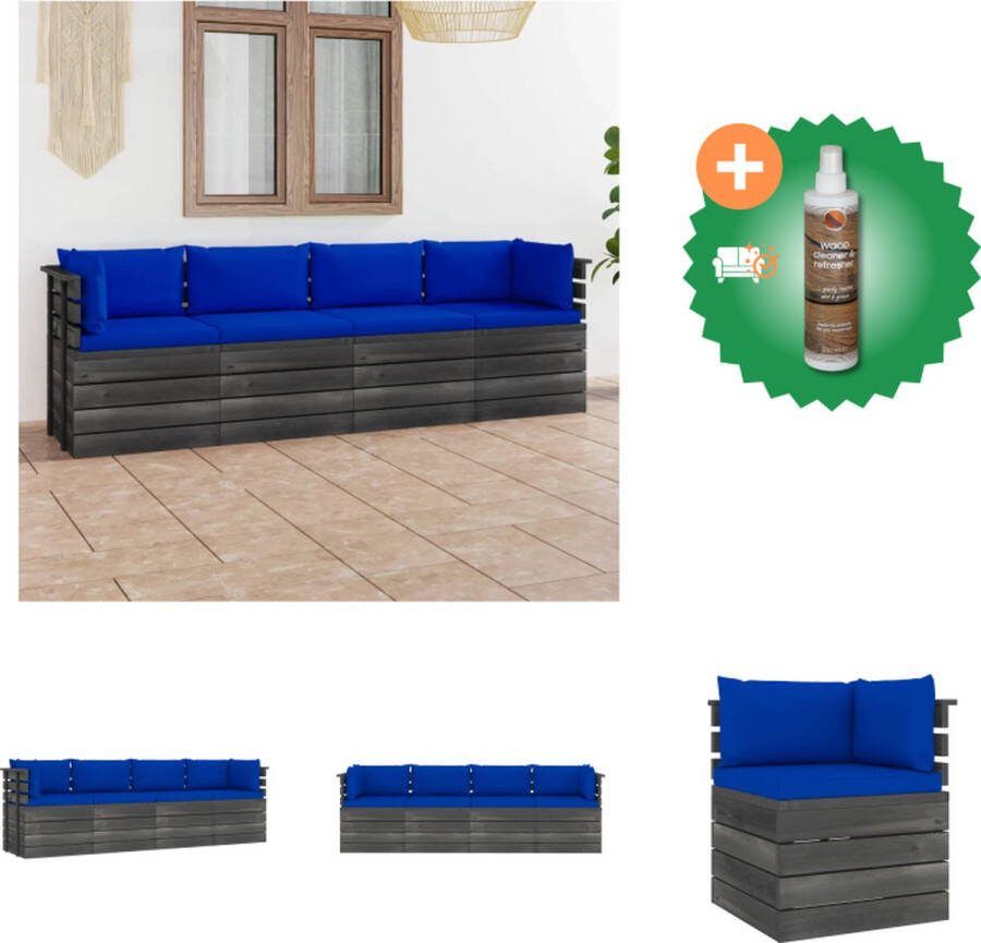 VidaXL Palletbank Grenenhout 4-zits Blauw kussen Montage vereist Tuinset Inclusief Houtreiniger en verfrisser
