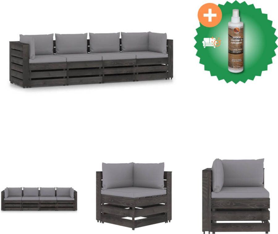 VidaXL Palletbank Grenenhout Grijs geïmpregneerd Hoekbank- 69x70x66cm Middenbank- 60x70x66cm Kussens- 6cm zitkussen 13cm rug zijkussen Tuinset Inclusief Houtreiniger en verfrisser