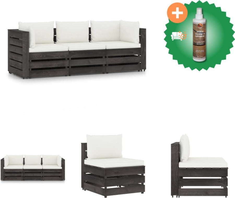 VidaXL Palletbank Grenenhout Set van 3 69 x 70 x 66 cm Crèmewit kussen Tuinset Inclusief Houtreiniger en verfrisser