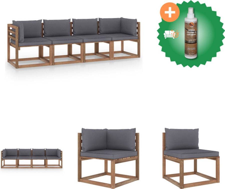 VidaXL Palletbank Houten tuinbank 4-zits 64 x 64 x 70 cm Bruin geïmpregneerd Antraciet kussen Tuinset Inclusief Houtreiniger en verfrisser