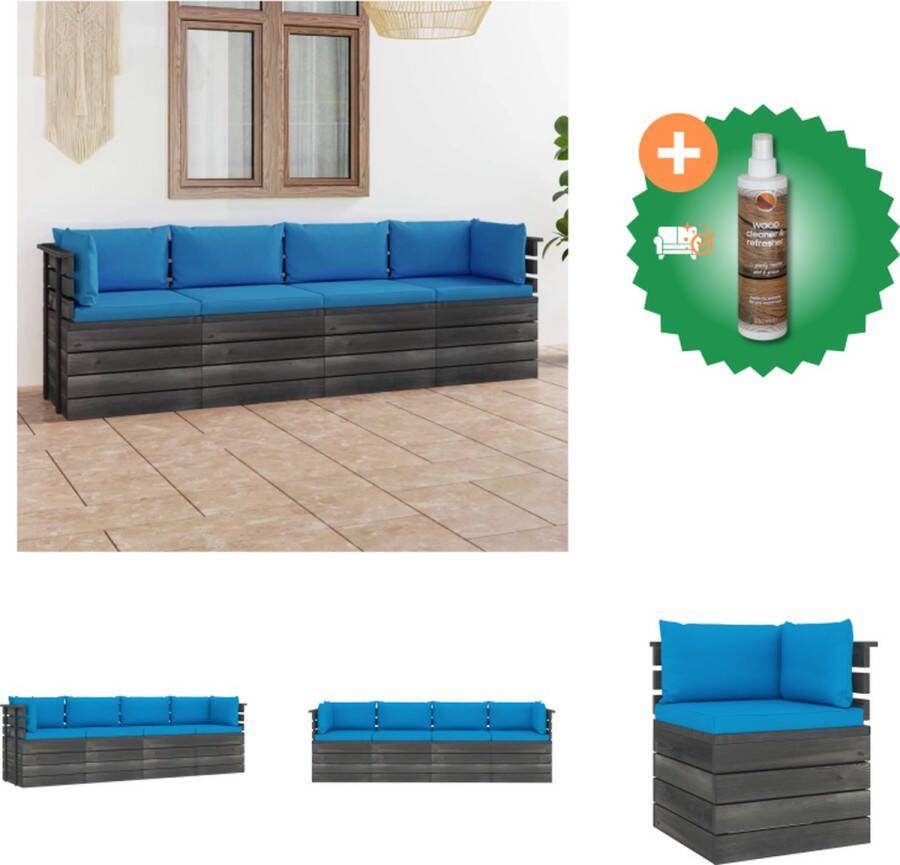 VidaXL Palletbank Massief Grenenhout 4-zits Lichtblauwe Kussens Tuinset Inclusief Houtreiniger en verfrisser