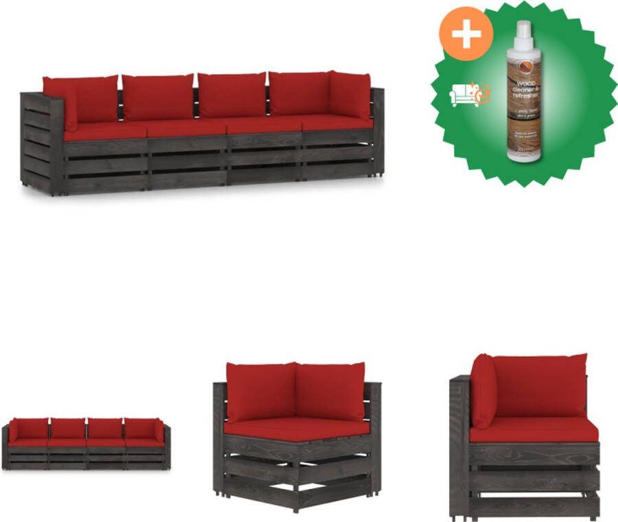 VidaXL Palletbank Oxford Vierzitter 69x70x66 cm Grenenhout Rood kussen Tuinset Inclusief Houtreiniger en verfrisser