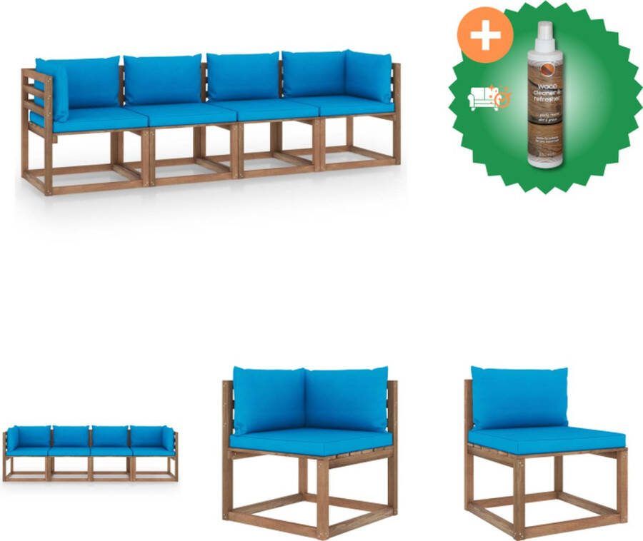 VidaXL Palletbank Tuinmeubelen Grenenhout Hoekbank 64x64x70cm Middenbank 60x64x70cm Lichtblauw kussen Tuinset Inclusief Houtreiniger en verfrisser