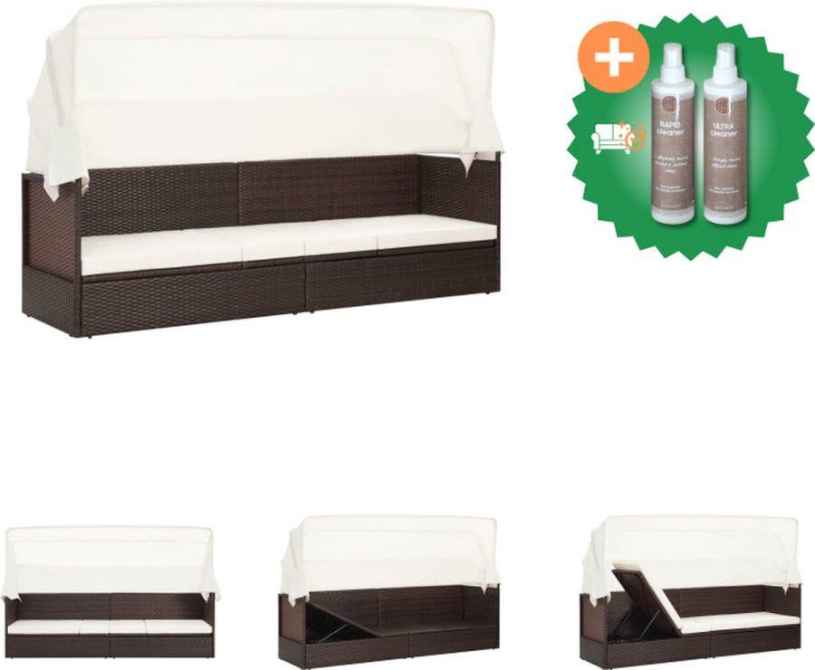 VidaXL PE rattan tuinbank bruin 205x62x70 cm inklapbaar dak stalen frame comfortabel zitkussen weerbestendig trendy design Ligbed Inclusief Onderhoudsset