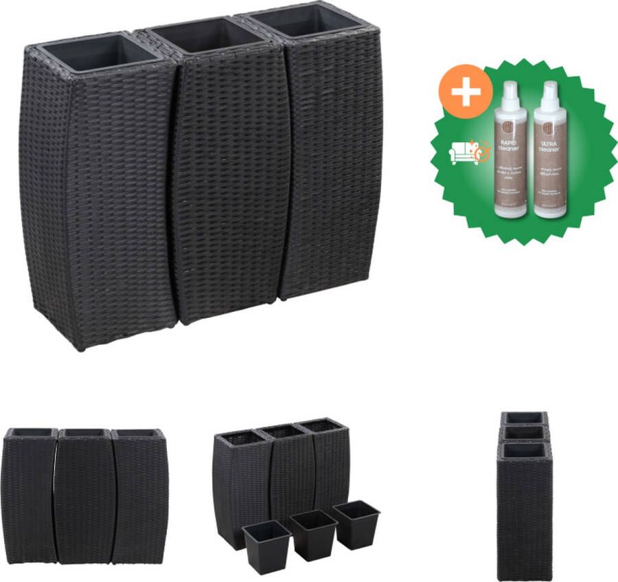 VidaXL Plantenbakken verhoogd 3 st poly rattan zwart Bloempot Inclusief Onderhoudsset