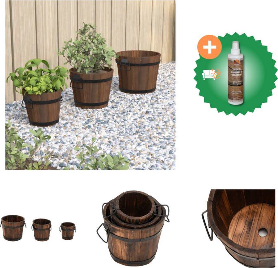 VidaXL Plantenbakset houten emmer 3 delig massief vurenhout Bloempot Inclusief Houtreiniger en verfrisser