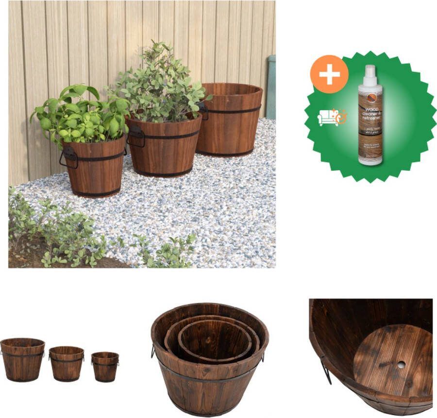 VidaXL Plantenbakset houten emmer 3 delig massief vurenhout Bloempot Inclusief Houtreiniger en verfrisser