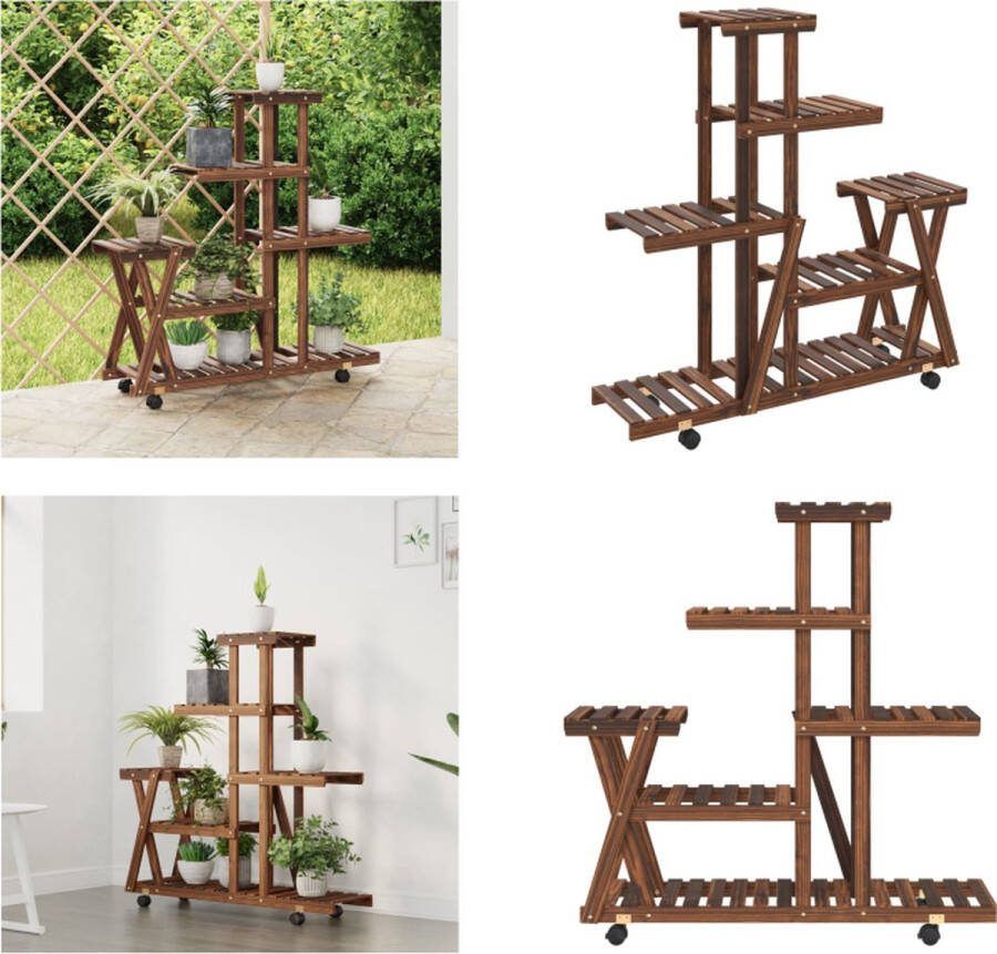 VidaXL Plantenstandaard met wielen 95x25x101 cm massief vurenhout Bloemenstandaard Met Wielen Bloemenstandaards Met Wielen Plantenstandaard Bloempotstandaard
