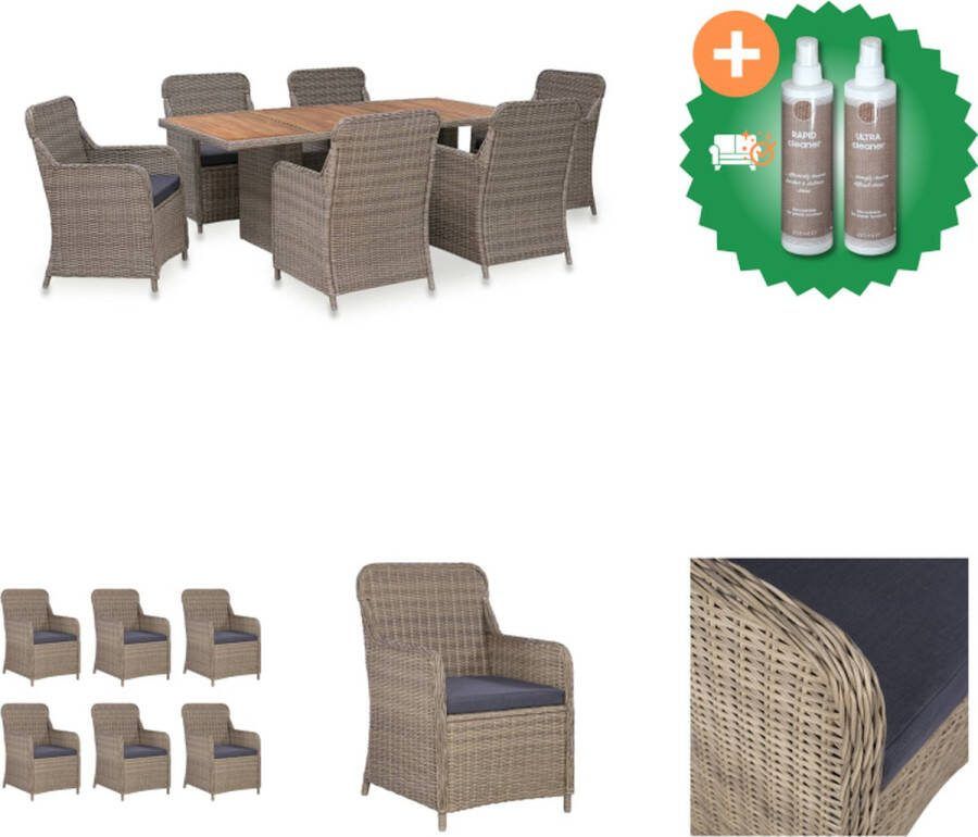 VidaXL Poly Rattan Eetset Bruin en Donkergrijs 200 x 100 x 74 cm 6 x Armstoel PE Rattan Acaciahout Gepoedercoat Staal Montage vereist Tuinset Inclusief Onderhoudsset