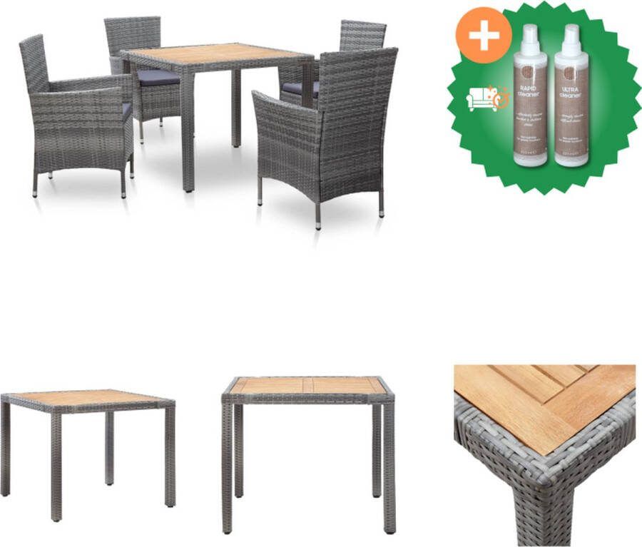 VidaXL Poly Rattan Tuinset Grijs Eettafel met Acaciahouten Blad 90x90x75 cm Inclusief 4 Stoelen en Kussens Tuinset Inclusief Onderhoudsset