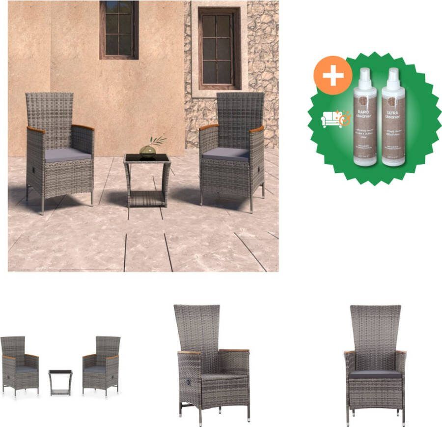 VidaXL poly rattan tuinset grijs tafel 45x45x40cm stoel 58x62x108cm verstelbare rugleuning 2x zitkussen Tuinset Inclusief Onderhoudsset