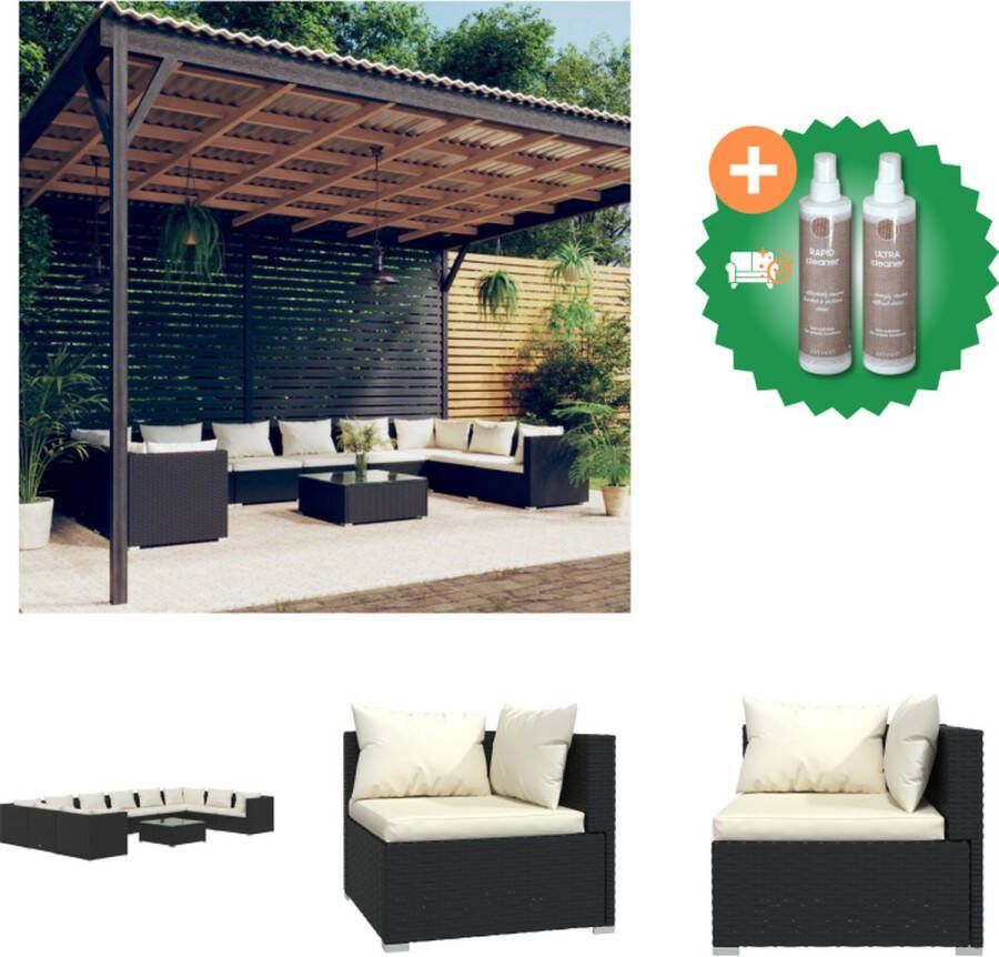 VidaXL Poly Rattan Tuinset Hoekbank 70x70x60.5cm Middenbank 70x70x60.5cm Salontafel 60x60x30cm Inclusief 10 zitkussens en 14 rugkussens Zwart + Crème Tuinset Inclusief Onderhoudsset