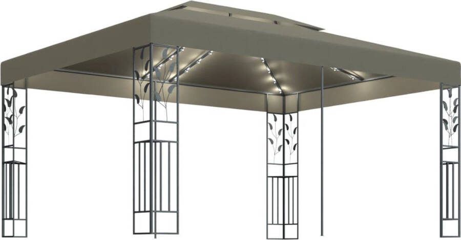 VidaXL -Prieel-met-dubbel-dak-en-LED-lichtslinger-3x4-m-taupe