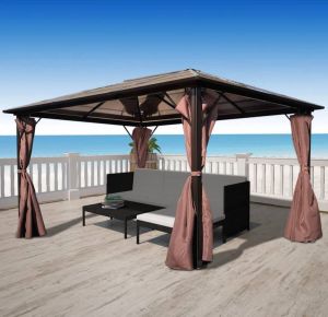 VidaXL Prieel Met Gordijn 400x300 Cm Aluminium Bruin
