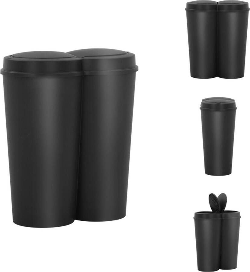 VidaXL Prullenbak 50L 2 Afvalscheiders Zwarte Polypropyleen 50x30x53cm Prullenbak