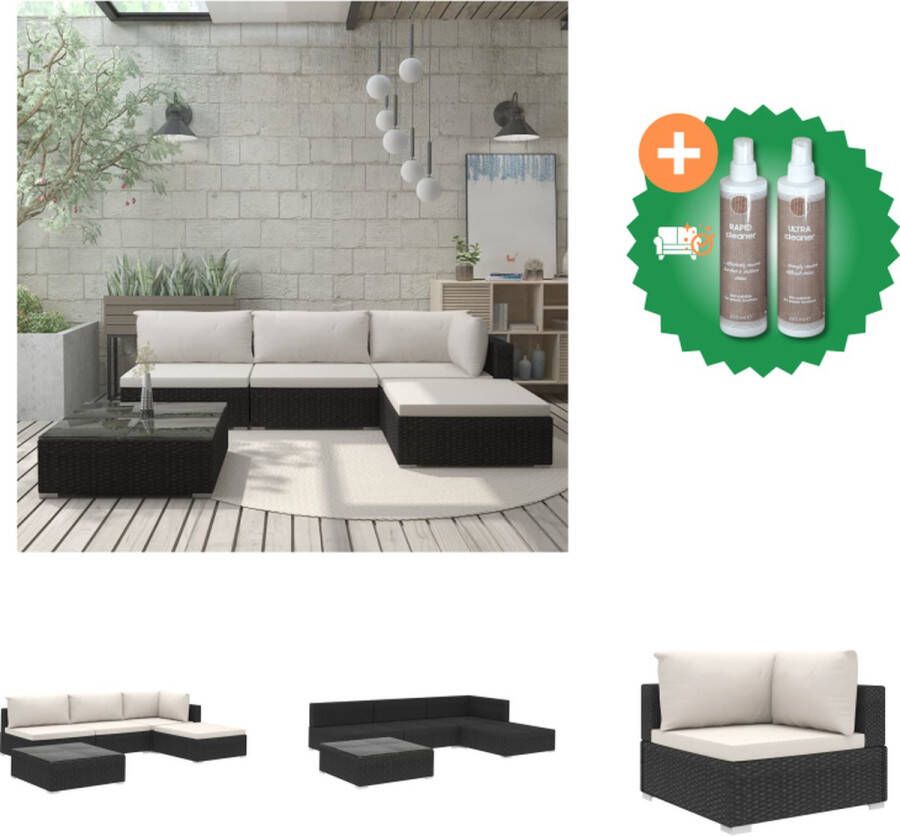 VidaXL Rattan Loungeset Hoekbank Middenbank Voetensteun Salontafel Zwart PE-rattan en gepoedercoat stalen frame Inclusief kussens Tuinset Inclusief Onderhoudsset