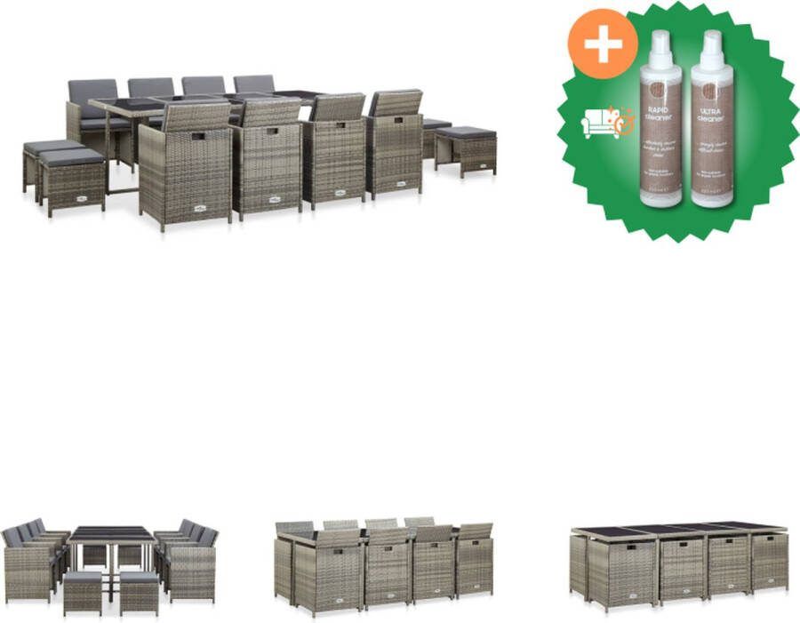 VidaXL Rattan Tuinset 225 x 109 x 74 cm Grijs Stalen frame PE-rattan Glazen tafelblad Inclusief 8 stoelen 4 krukken en 20 kussens Tuinset Inclusief Onderhoudsset