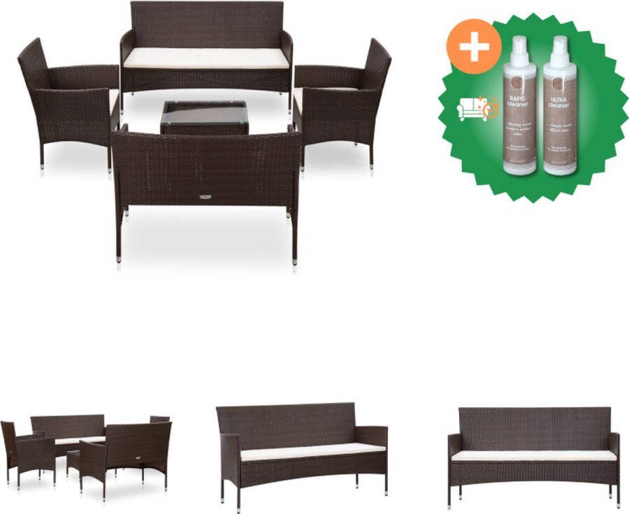 VidaXL Rattanset PE Rattan Bruin Crèmewit 3-zitsbank 2-zitsbank 2x armstoel tafel 4x zitkussen Tuinset Inclusief Onderhoudsset