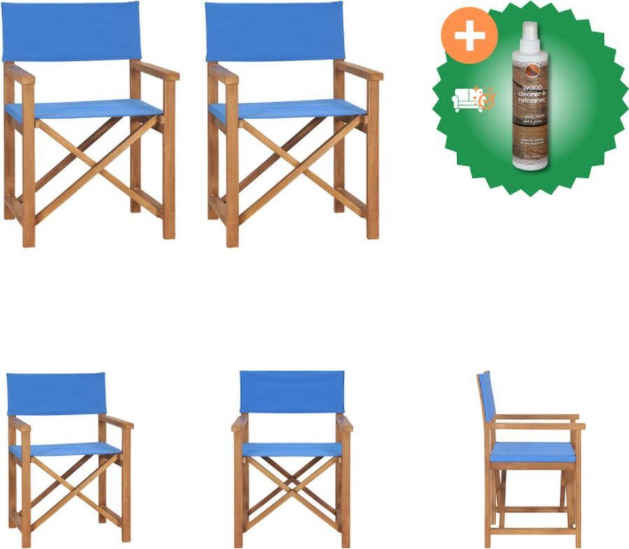 VidaXL Regisseursstoel Massief Teakhout Inklapbaar Blauw 57.5 x 54.5 x 85 cm Set van 2 Tuinstoel Inclusief Houtreiniger en verfrisser