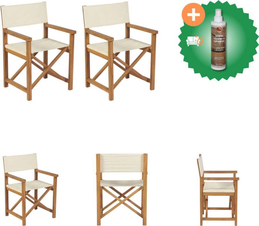 VidaXL Regisseursstoel Massief Teakhout Lounge en Campingstoel Inklapbaar Crème Tuinstoel Inclusief Houtreiniger en verfrisser