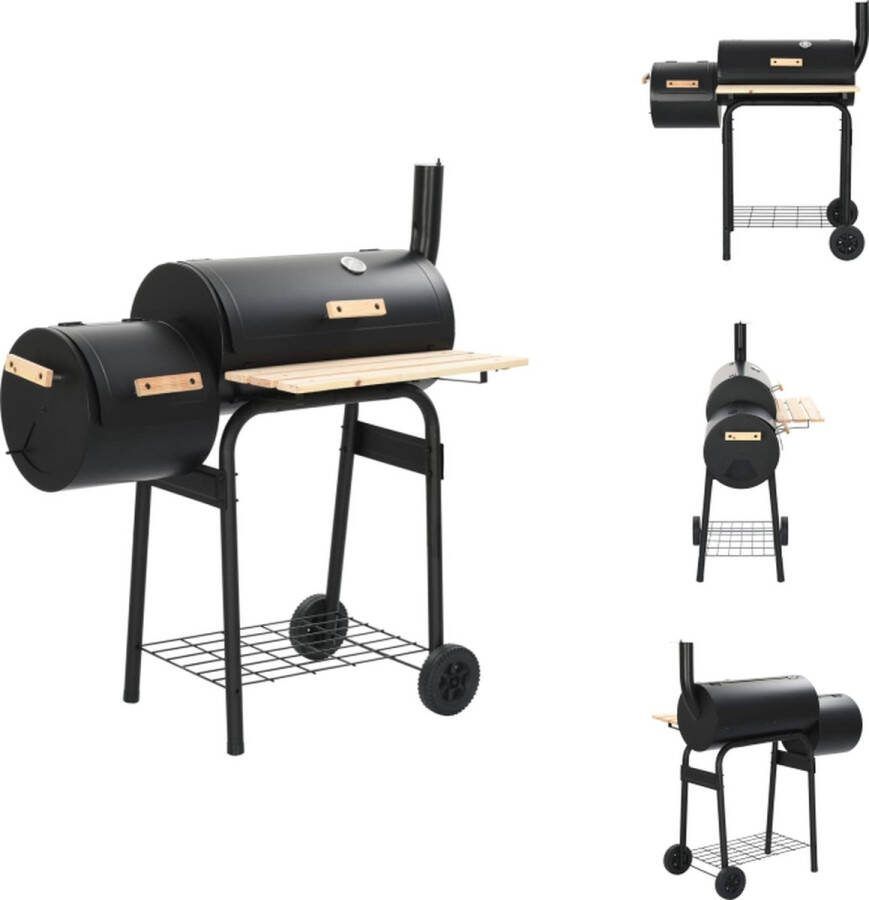 VidaXL Rookbarbecue Stalen frame 103 x 60 x 113 cm 3 kookroosters 3 houtskoolroosters Houten tafel Met thermometer Zwart Geschikt voor houtskool en hout Barbecue